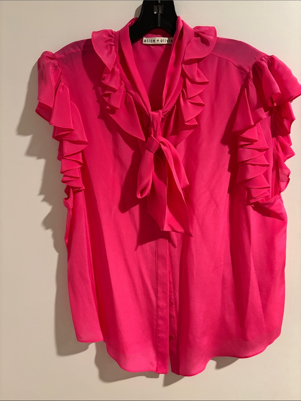 Alice + Olivia Hot Pink Ruffle Tie-Neck Blouse